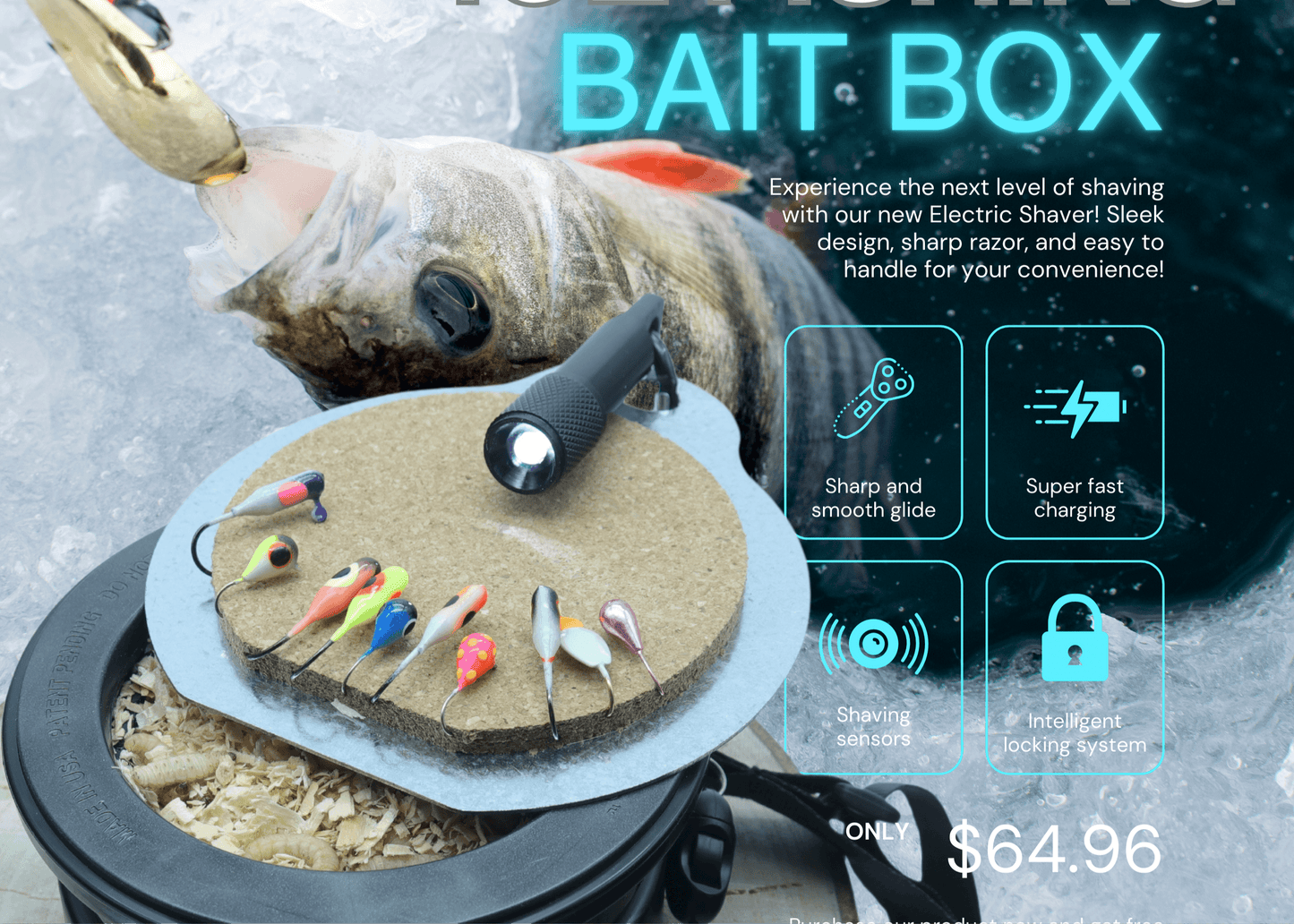 EZ Beaver Bait Buddy small tackle box for fishing with multiple colorful lures, mounted on a circular base with LED light, ideal for ice fishing trips.