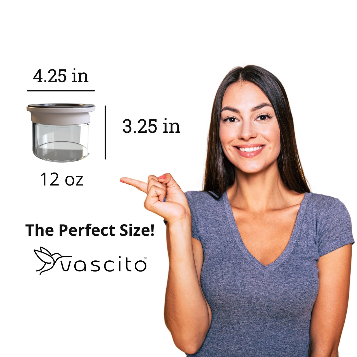 Under Sink/Under Shelf Organizer, Stainless POS 12 oz jar size guide with woman pointing, perfect for small cabinet storage needs.