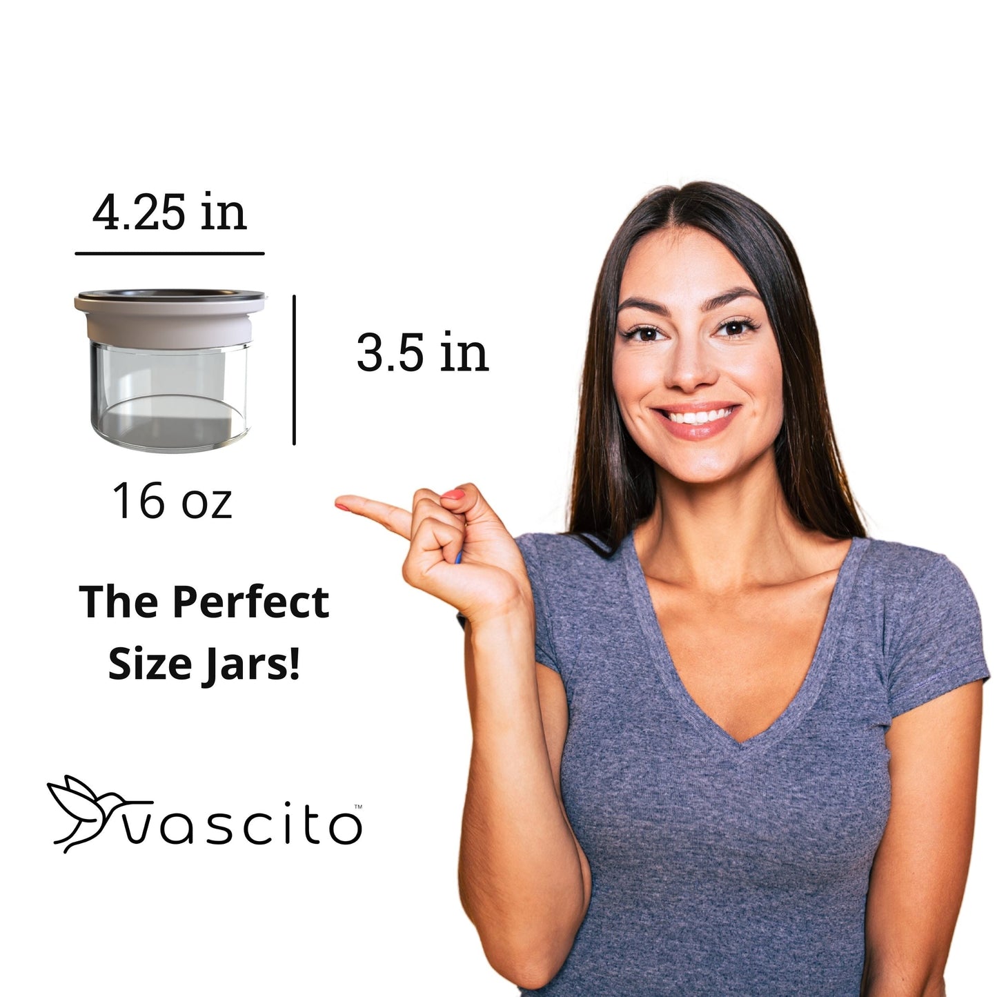 Under Sink/Under Shelf Organizer, Stainless POS 16 oz jar size guide with woman pointing, ideal for compact under sink storage solutions.