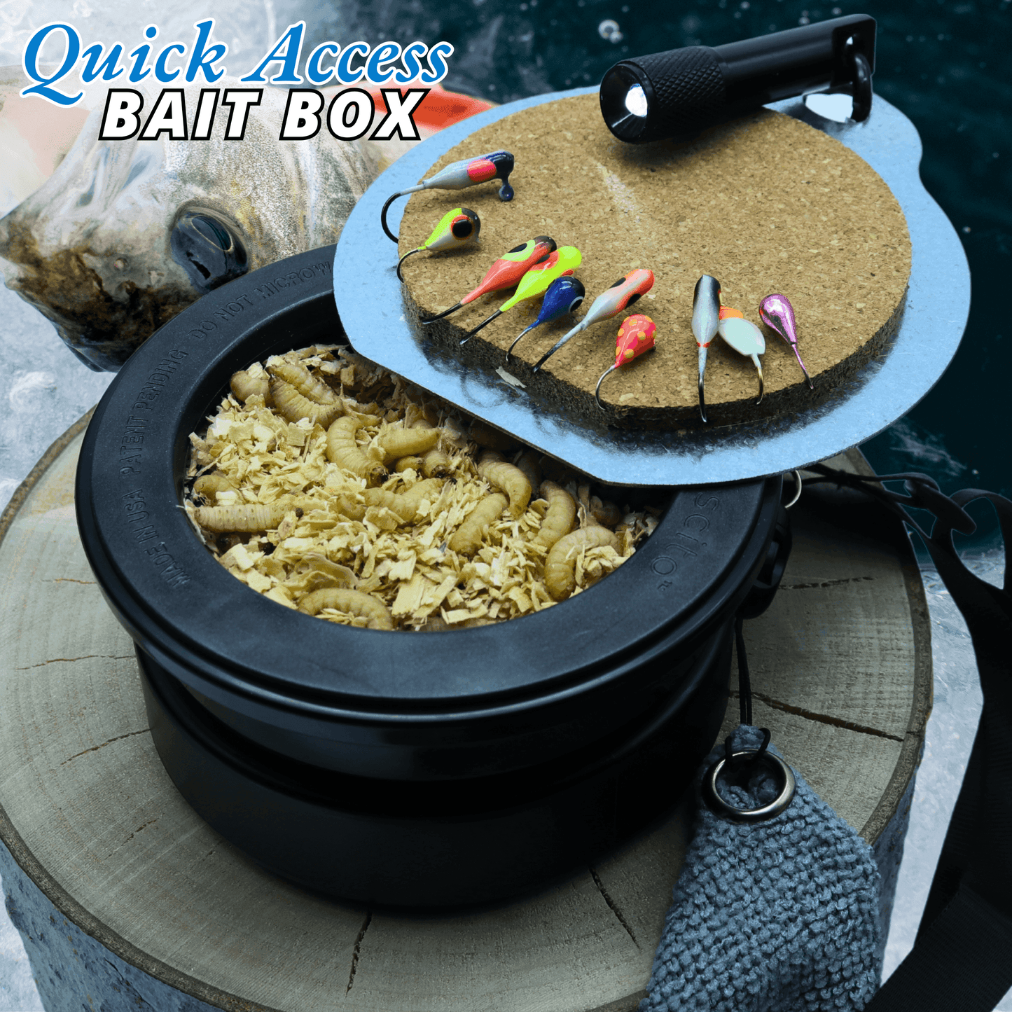 EZ Beaver Bait Buddy small tackle box with quick access lid, filled with bait and colorful fishing lures on cork pad. Durable and essential for anglers.