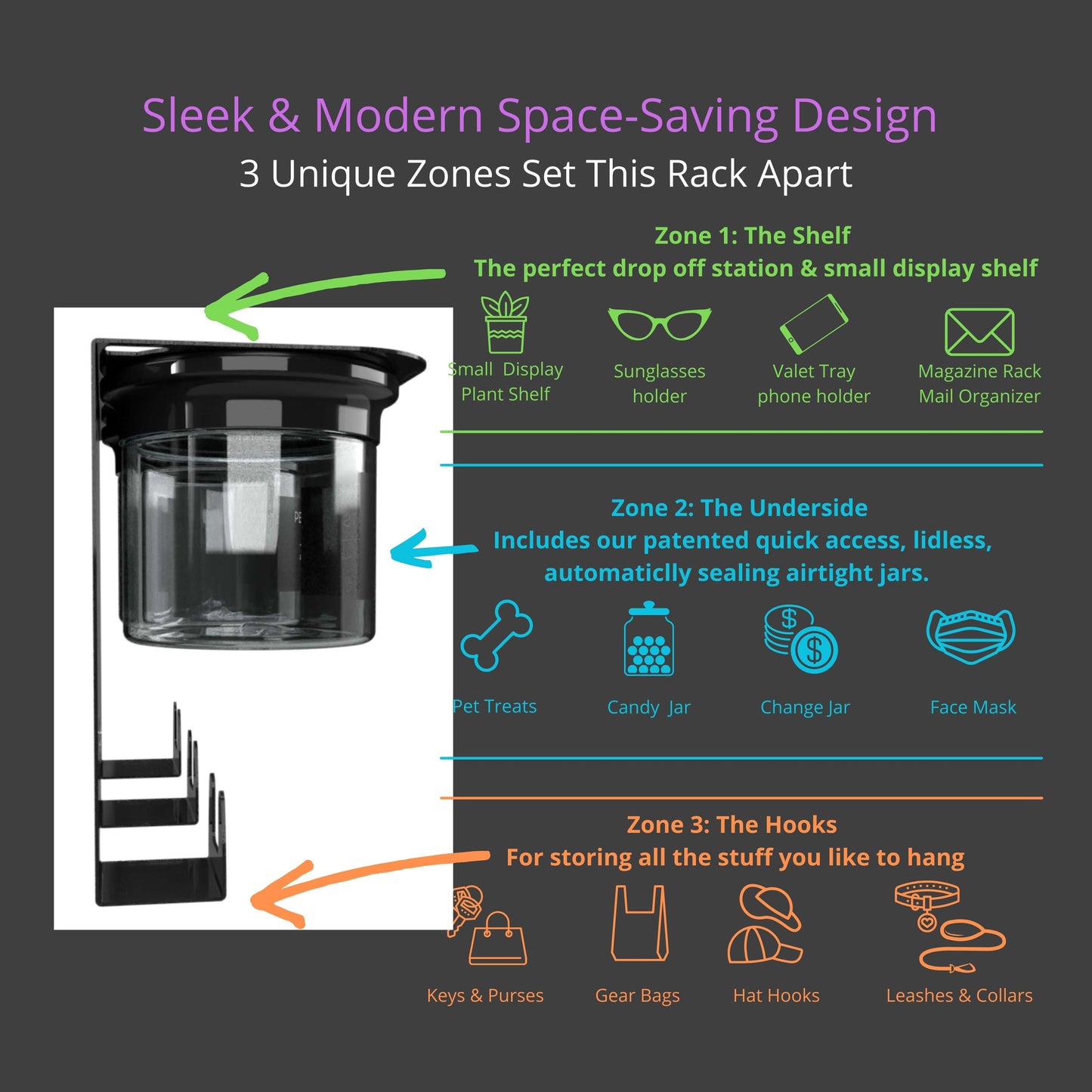 Three-zone design of dog organizer shelf includes display shelf, airtight treat jar, and gear hooks for efficient and modern pet storage.
