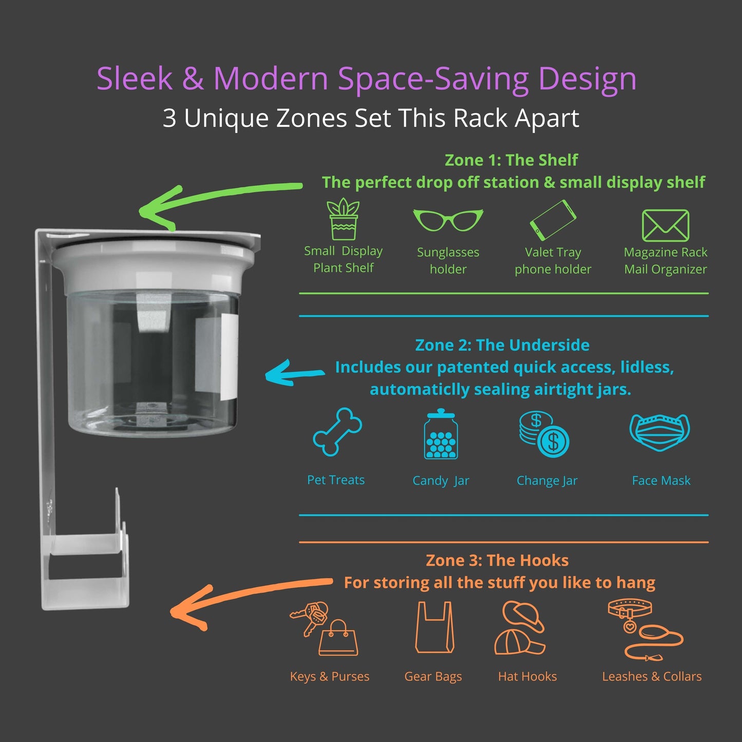 Dog Leash Holder Wall - Designer Shelf & Jar features 3 storage zones for treats, accessories, and hanging gear in a compact modern design.