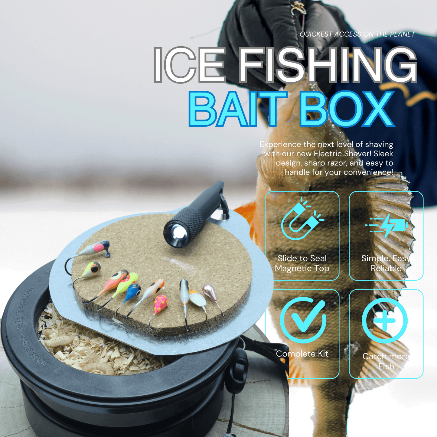 EZ Beaver Bait Buddy small tackle box with magnetic top, holding colorful fishing lures and bait for ice fishing. Durable and compact for easy use.