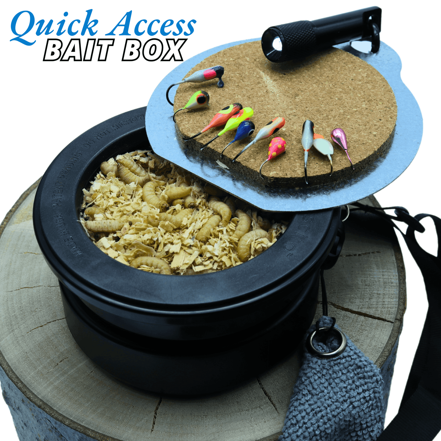 EZ Beaver Bait Buddy small tackle box with quick access lid, filled with bait and colorful fishing lures on cork pad. Durable and compact for anglers.