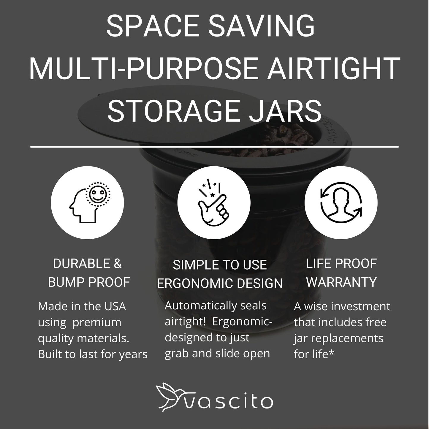 Under Sink/Under Shelf Organizer, Stainless POS infographic highlighting airtight jars, ergonomic design, and lifetime warranty for home use.