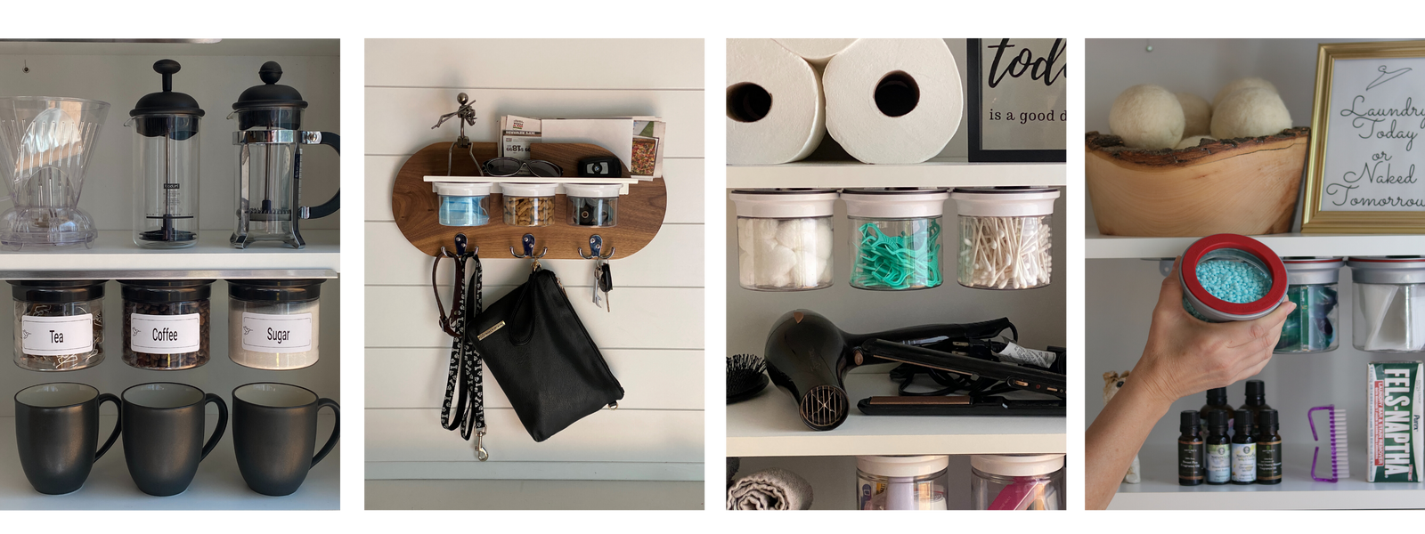 Perfect for coffee canisters, storing tea and sugar. Use then in the bathroom for cotton balls and dental picks. Great for storing laundry soap and scent bead jars. Our Entryway Organizer will be a beautiful addition to your entry