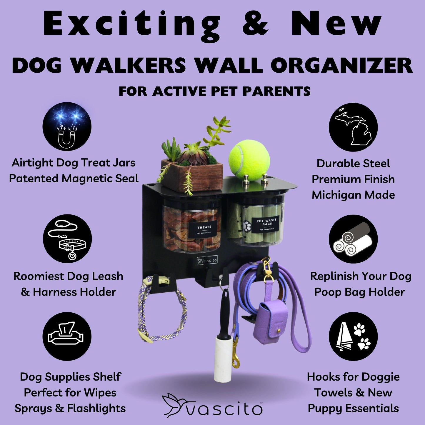 Dog Leash Holder for Wall with 9" Dog Shelf, Deep Dog Hooks and 2 Small Airtight Dog Treat Containers, Dog Stuff Organizer and Storage, Dog Accessories, New Puppy Essentials