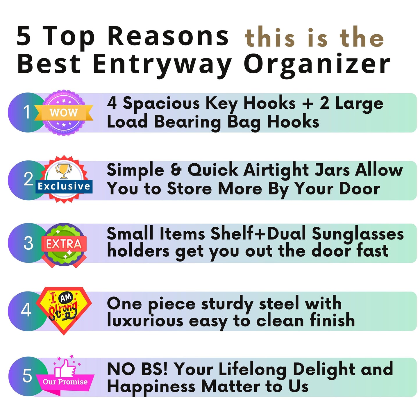 Top 5 reasons to choose the Small Key Holder Wall Mount & Shelf, highlighting spacious hooks, airtight jars, and durable design features.
