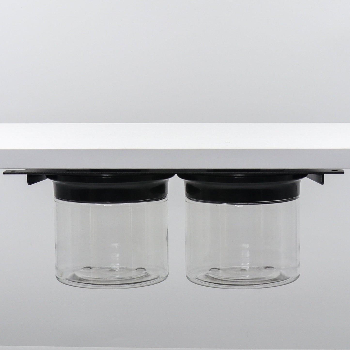 Under Sink/Under Shelf Organizer, Stainless POS with two clear jars and black lids mounted under shelf for compact cabinet storage.