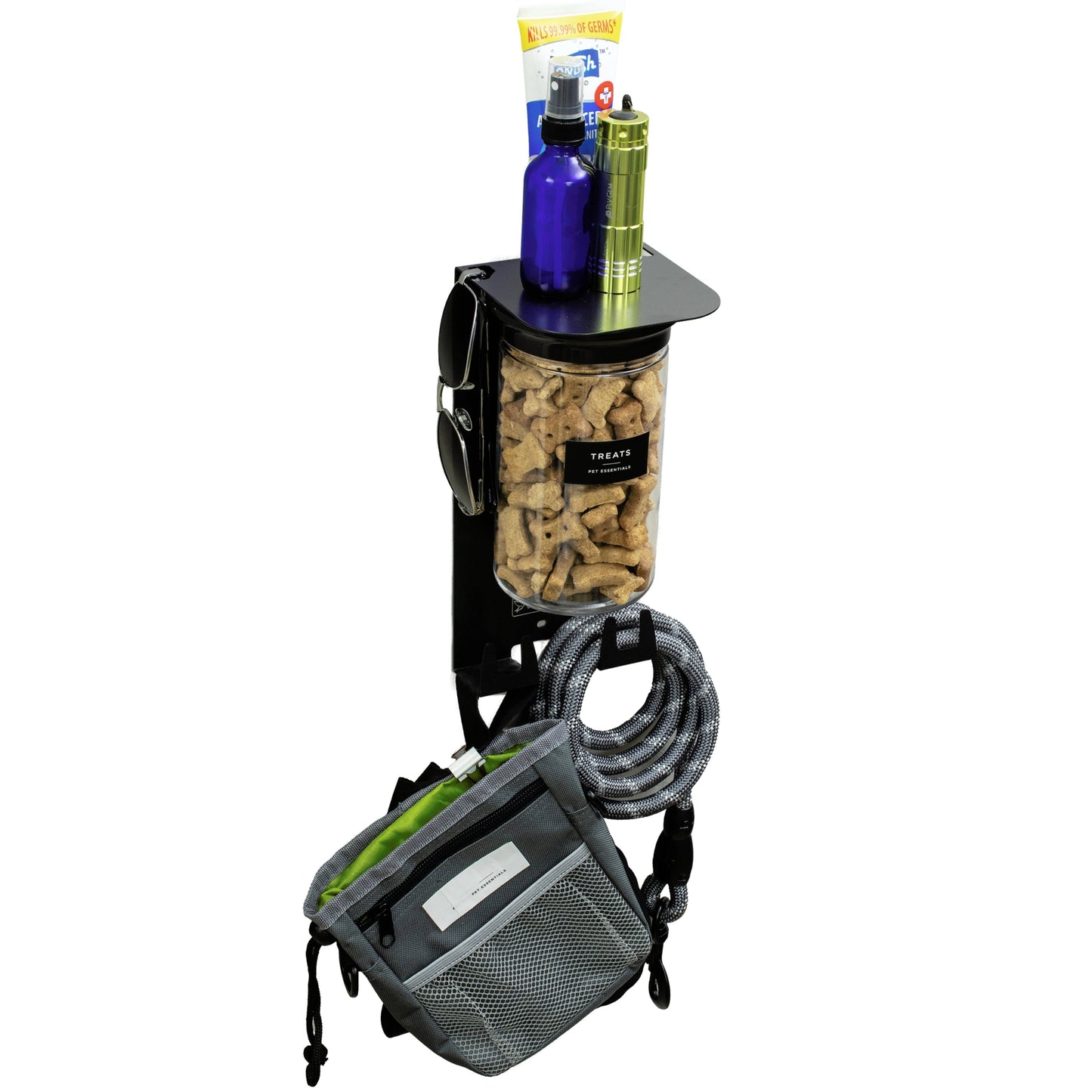Dog organizer shelf in modern black with airtight treat jar, leash hooks, and storage for dog gear and sunglasses, ideal for pet-friendly homes.