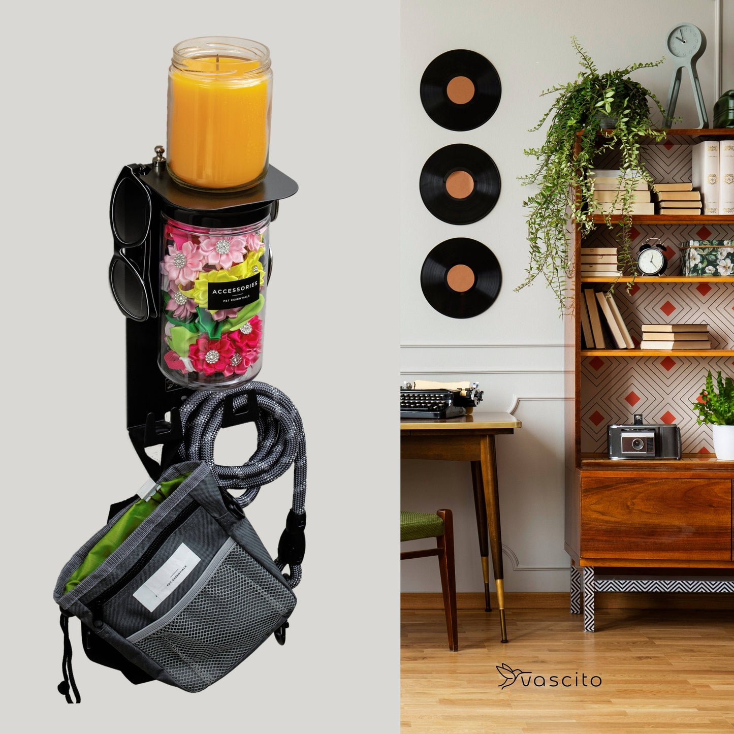 Wall-mounted dog leash holder and treat storage in black, styled with home décor, perfect for organizing pet essentials in modern interiors.