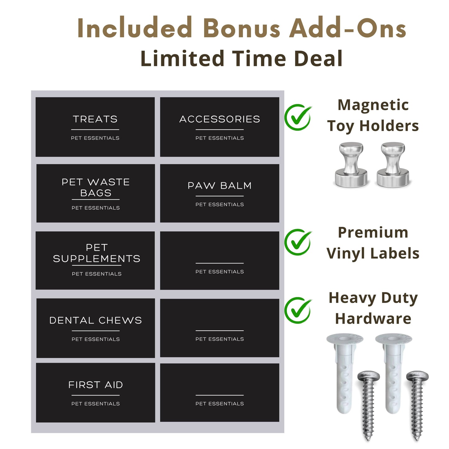 Bonus add-ons for dog leash holder include magnetic toy holders, premium vinyl labels, and heavy-duty installation hardware.
