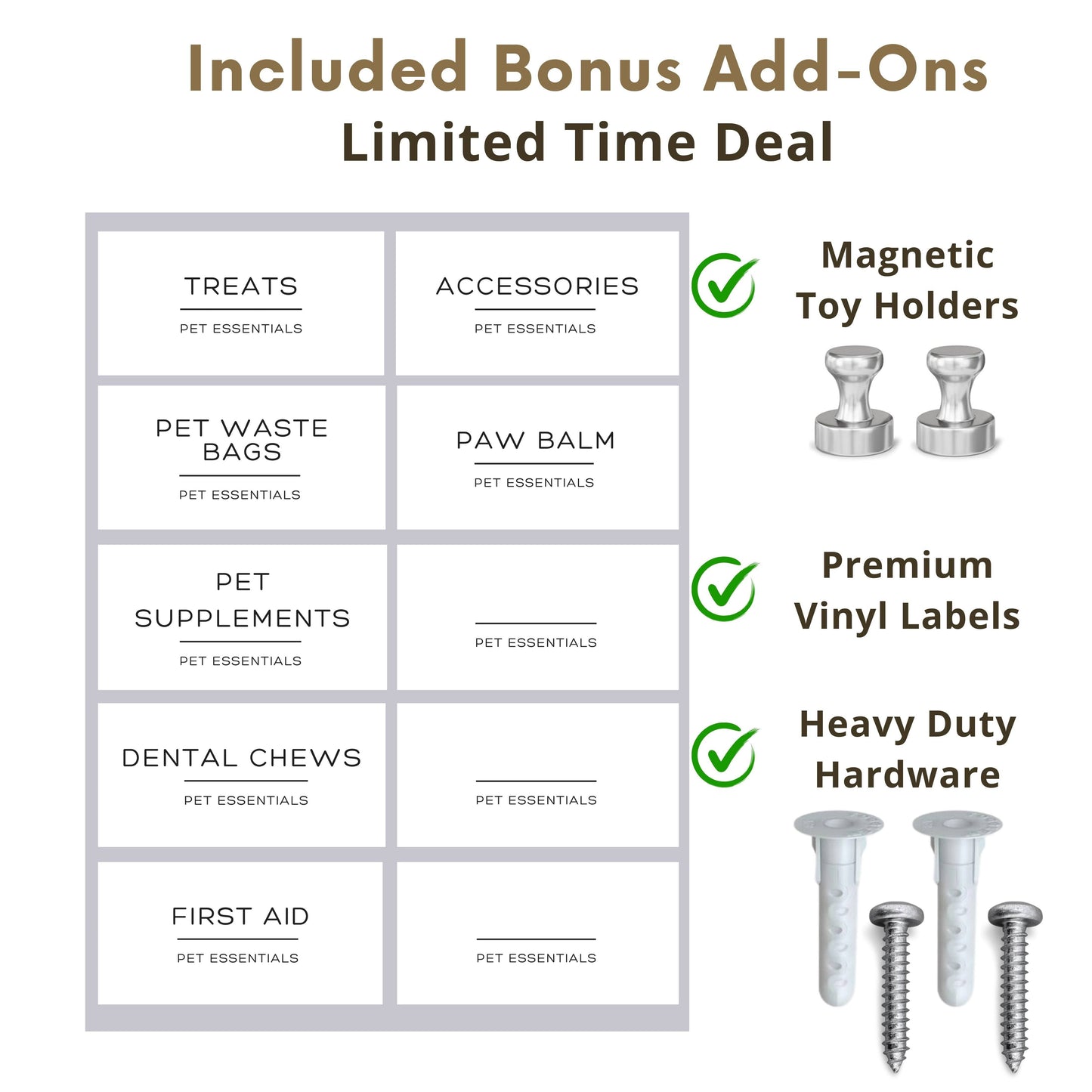 Bonus add-ons for the premium wall hung dog treat jar organizer include magnetic toy holders, vinyl labels, and heavy-duty hardware.