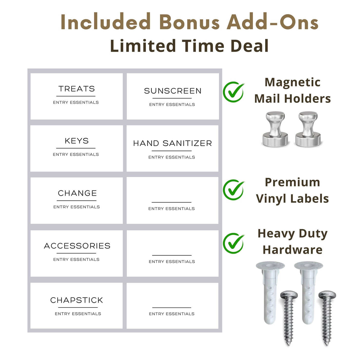 Bonus add-ons for Wall Mounted Key Holder include magnetic mail holders, vinyl labels, and heavy-duty hardware for secure installation.
