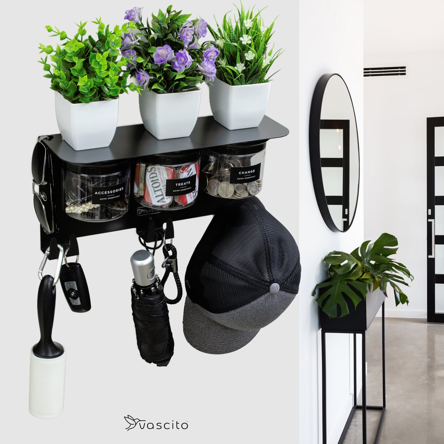 Mail and Key Organizer, Wall Mount with 13.5" Entryway Shelf and 3 Candy Storage Jars in Modern Black
