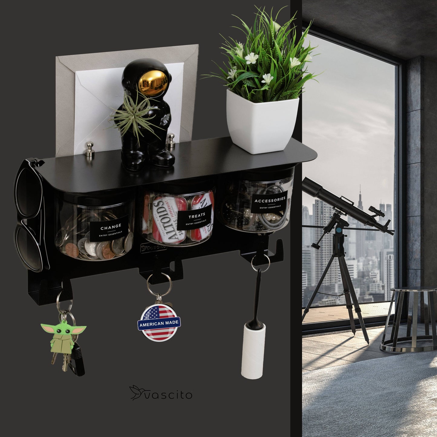 Wall-mounted Mail and Key Organizer in black with jars, hooks, and shelf, styled in a sleek modern room with city view and telescope.