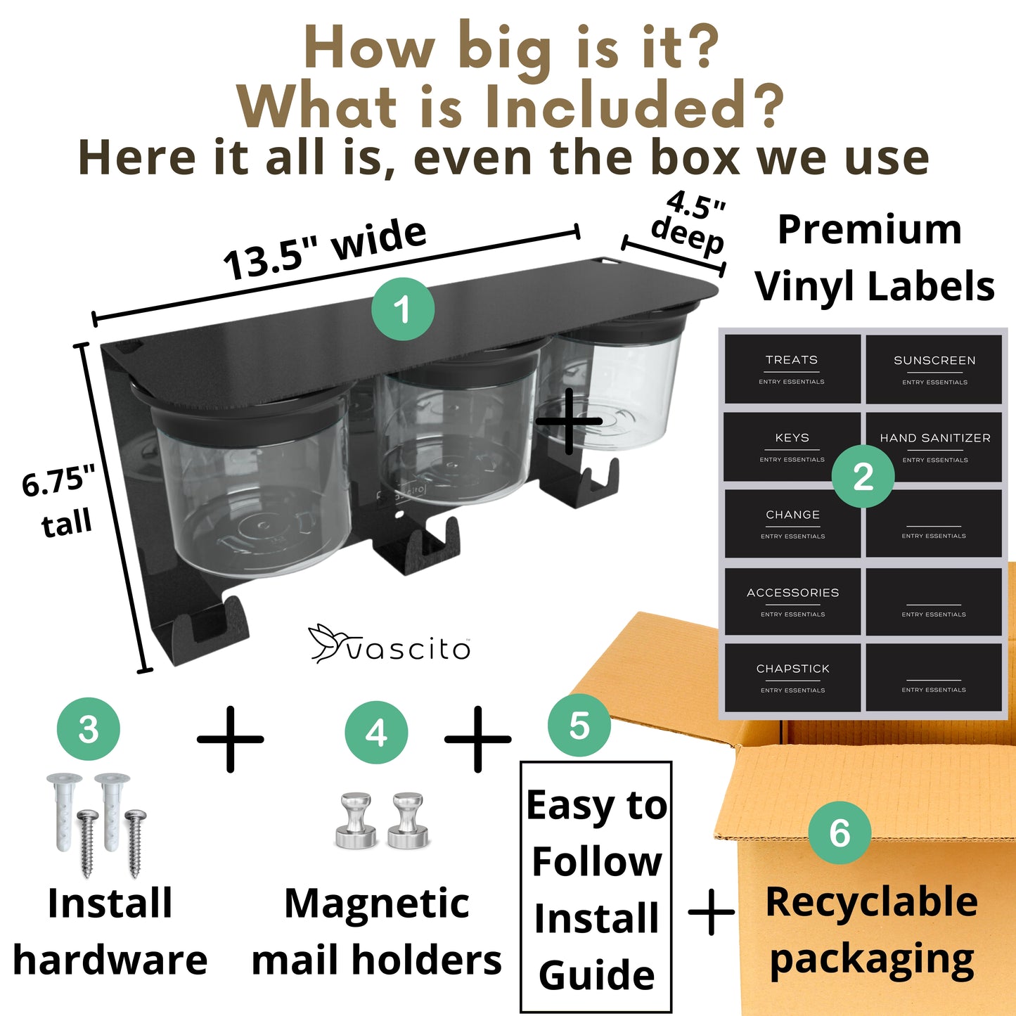 Mail and Key Organizer, Wall Mount with 13.5" Entryway Shelf and 3 Candy Storage Jars in Modern Black