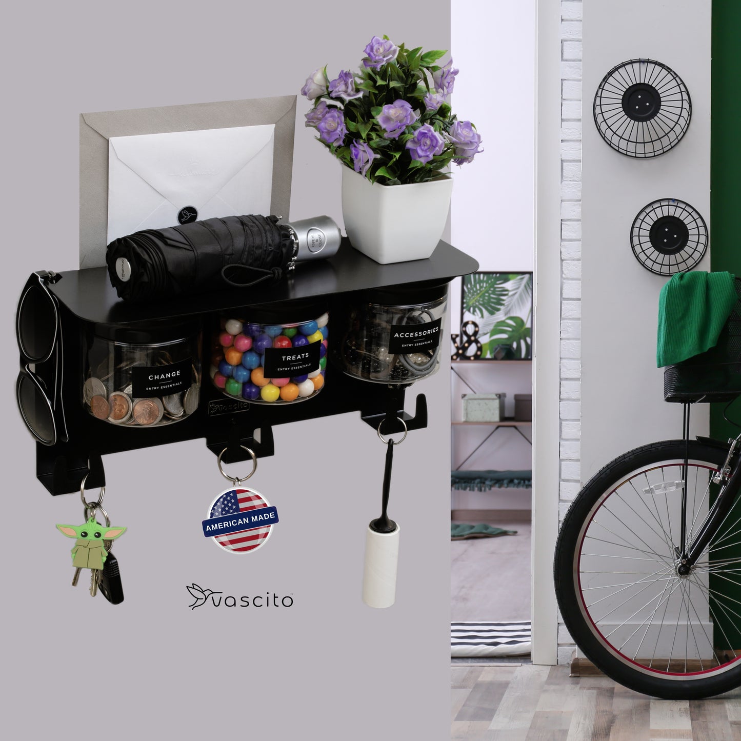 Mail and Key Organizer, Wall Mount with 13.5" Entryway Shelf and 3 Candy Storage Jars in Modern Black