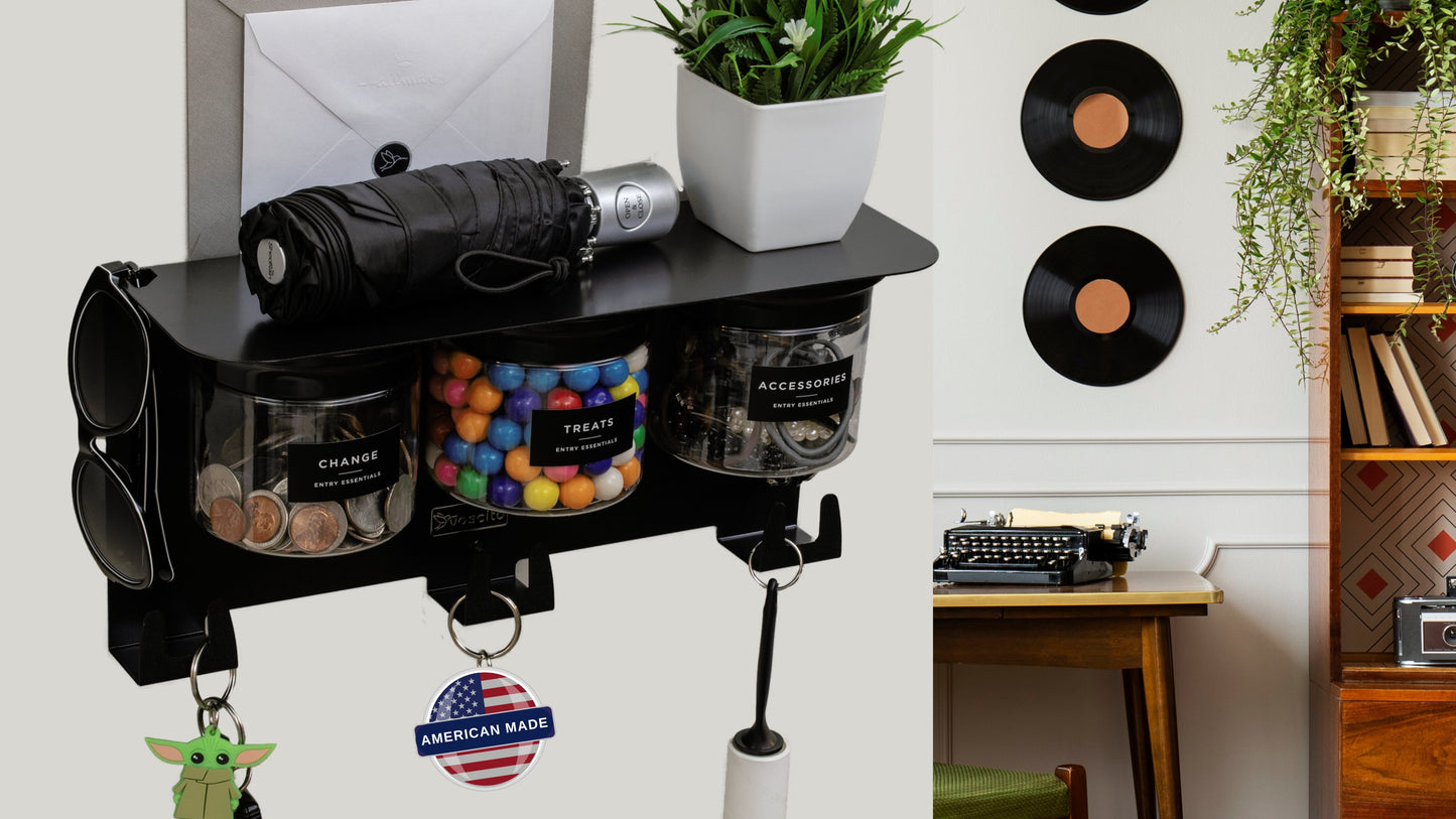Mail and Key Organizer, Wall Mount with 13.5" Entryway Shelf and 3 Candy Storage Jars in Modern Black