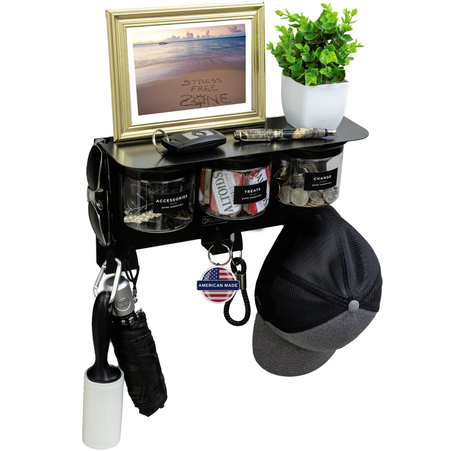 Mail and Key Organizer, Wall Mount with 13.5" Entryway Shelf and 3 Candy Storage Jars in Modern Black