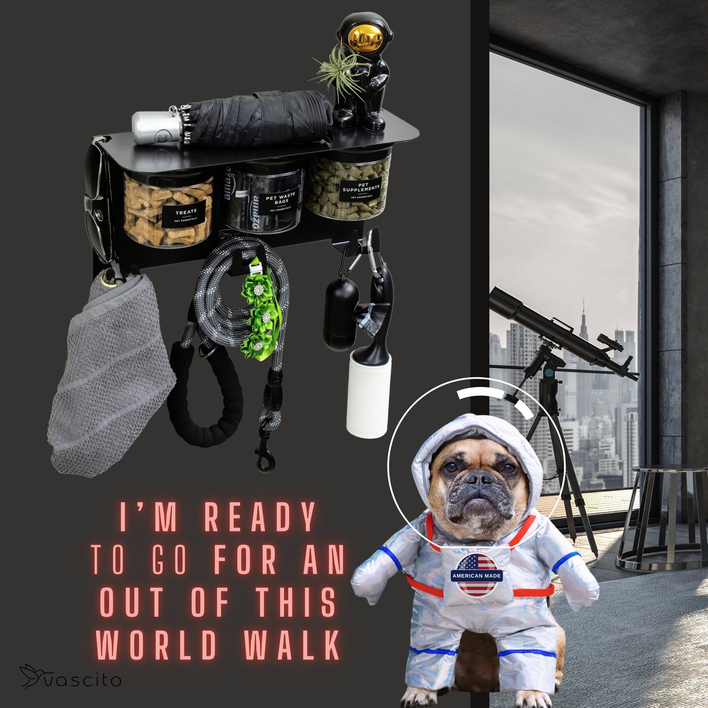 Fun space-themed setup of Dog Leash Holder with Storage - Organizer & Shelf | 13.5" Shelf, 3 Treat Jars with astronaut dog and pet gear.