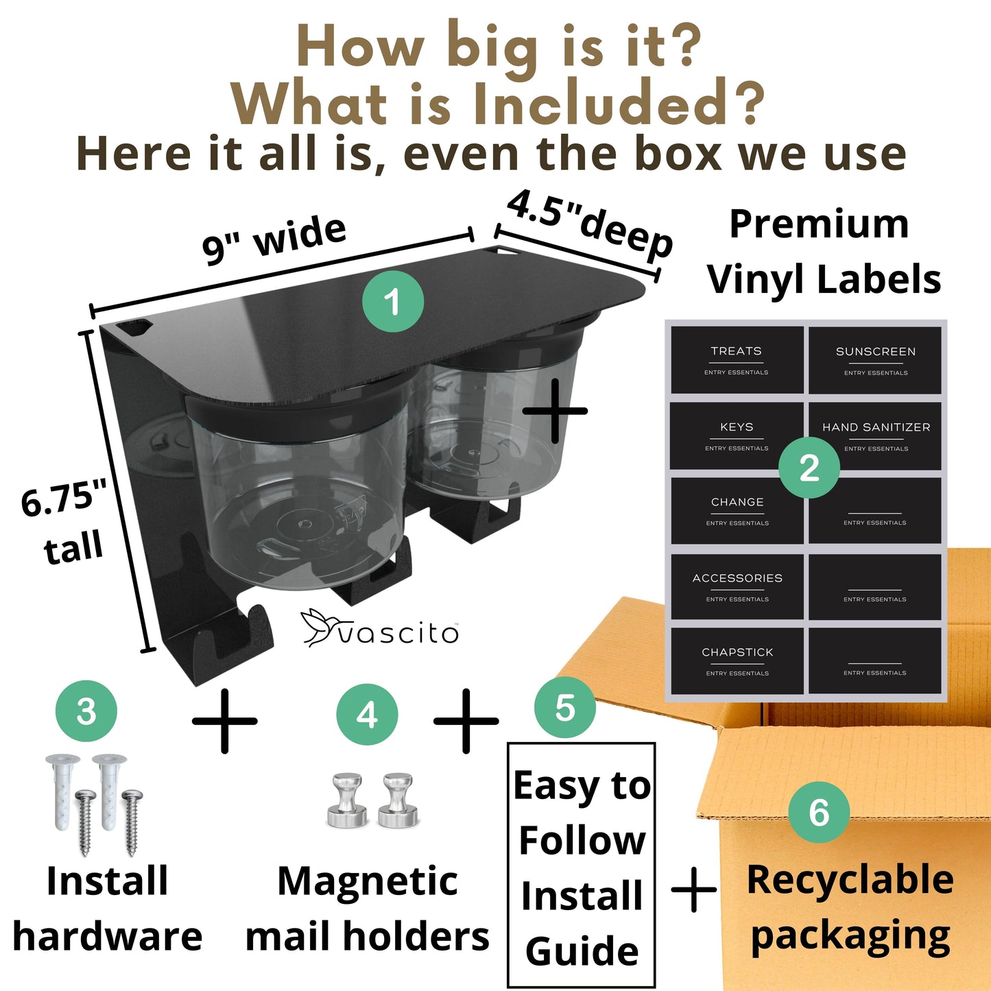 Wall Hung Key Holder with Shelf - Entryway Organizer dimensions and included items like vinyl labels, magnetic mail holders, and install hardware.
