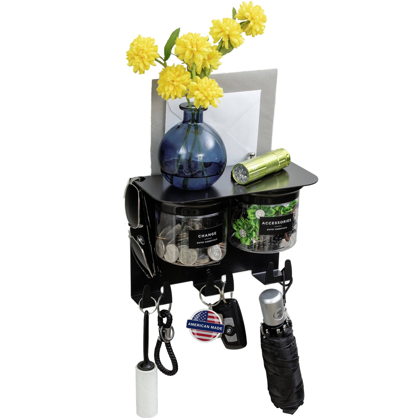 Wall Hung Key Holder with Shelf - Entryway Organizer in black with 6 key hooks, dual sunglasses holders, and storage jars for coins and accessories.