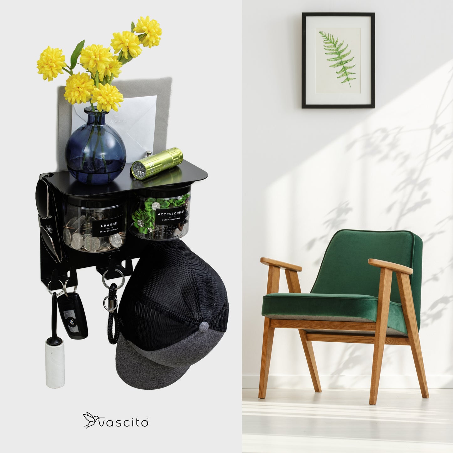 Wall Hung Key Holder with Shelf - Entryway Organizer with flowers, labeled jars, and hooks, styled in a bright, minimalist room with a green chair.