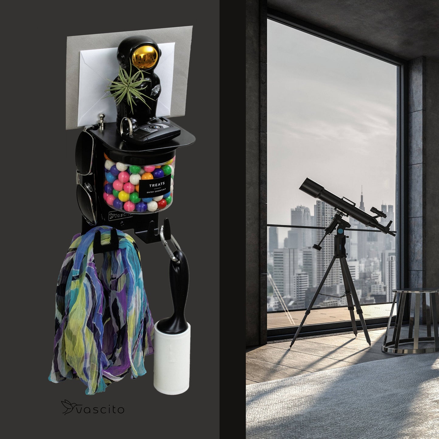 Wall Mounted Key Holder - Small Entryway Shelf holding scarves and lint roller, shown in a stylish room with telescope and city view.