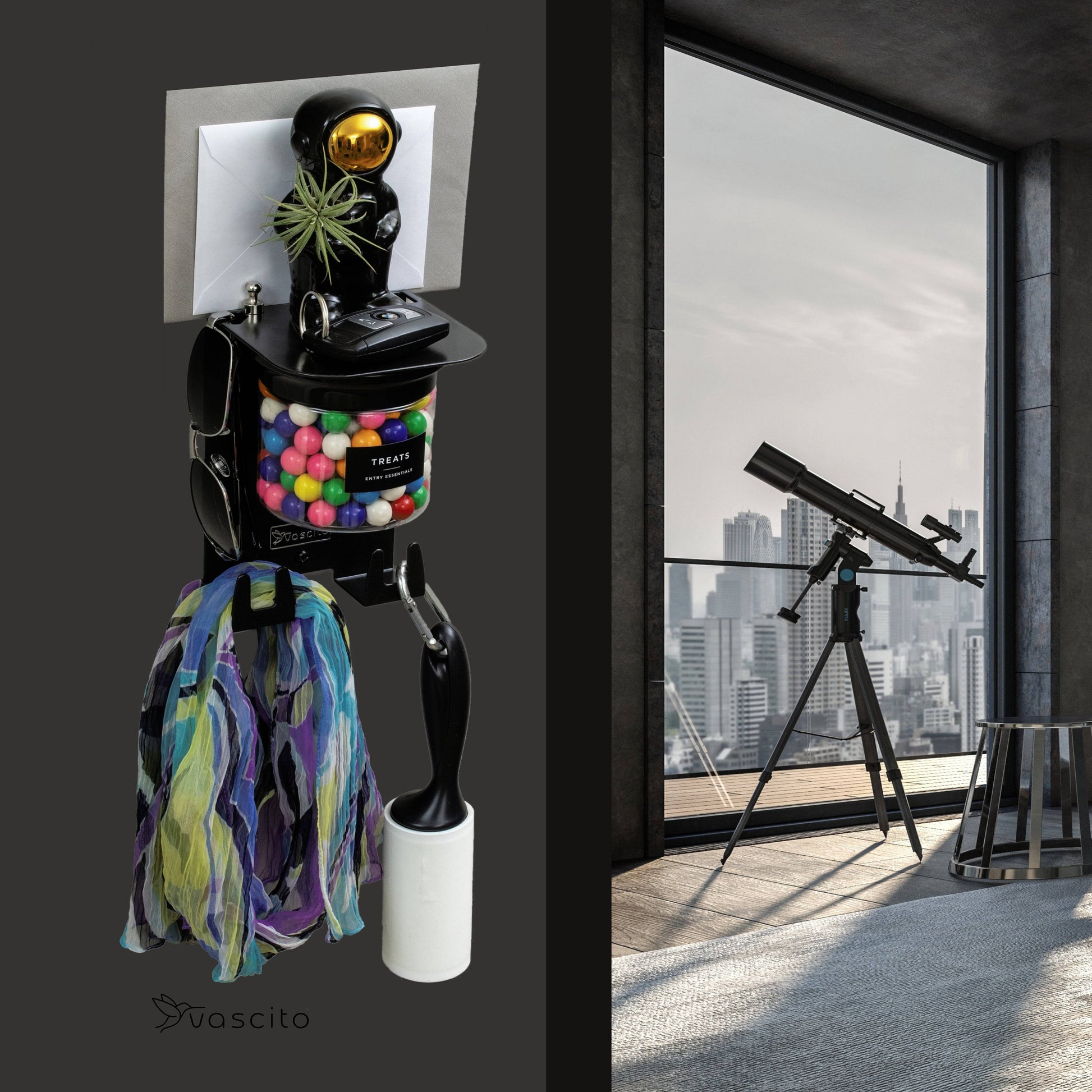 Wall Mounted Key Holder - Small Entryway Shelf holding scarves and lint roller, shown in a stylish room with telescope and city view.