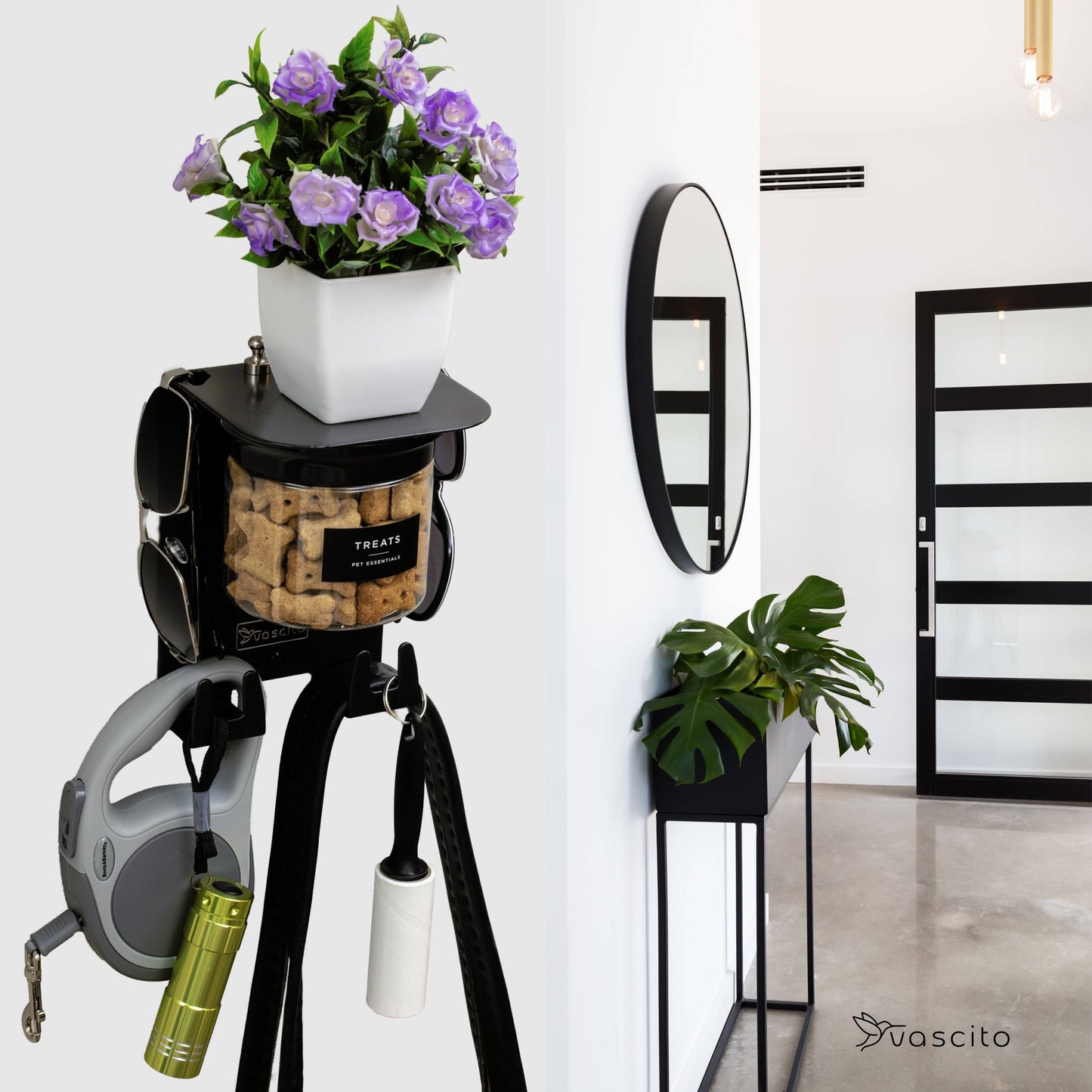 Wall-mounted Dog Leash Holder with treat jar, leash hooks, and flower pot shelf. Sleek black organizer for pet supplies in entryways.