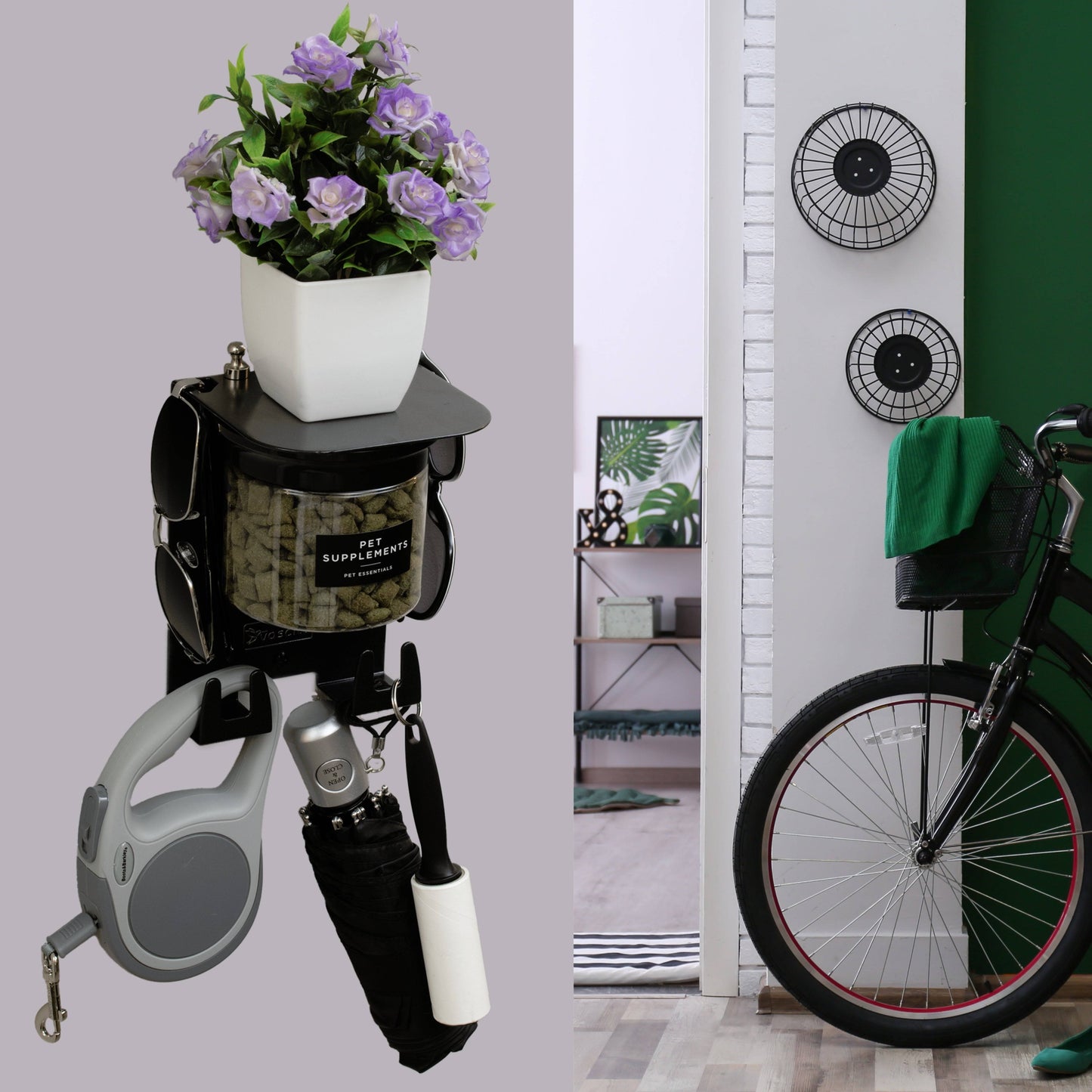 Modern Dog Leash Holder Wall Organizer with treat jar and hooks, mounted near a bike and entryway. Stylish pet storage solution.