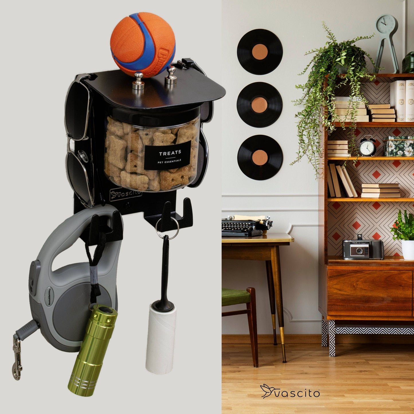 Dog Wall Organizer with treat jar, leash hooks, and mounted toy ball. Stylish black design fits modern home decor and pet storage needs.