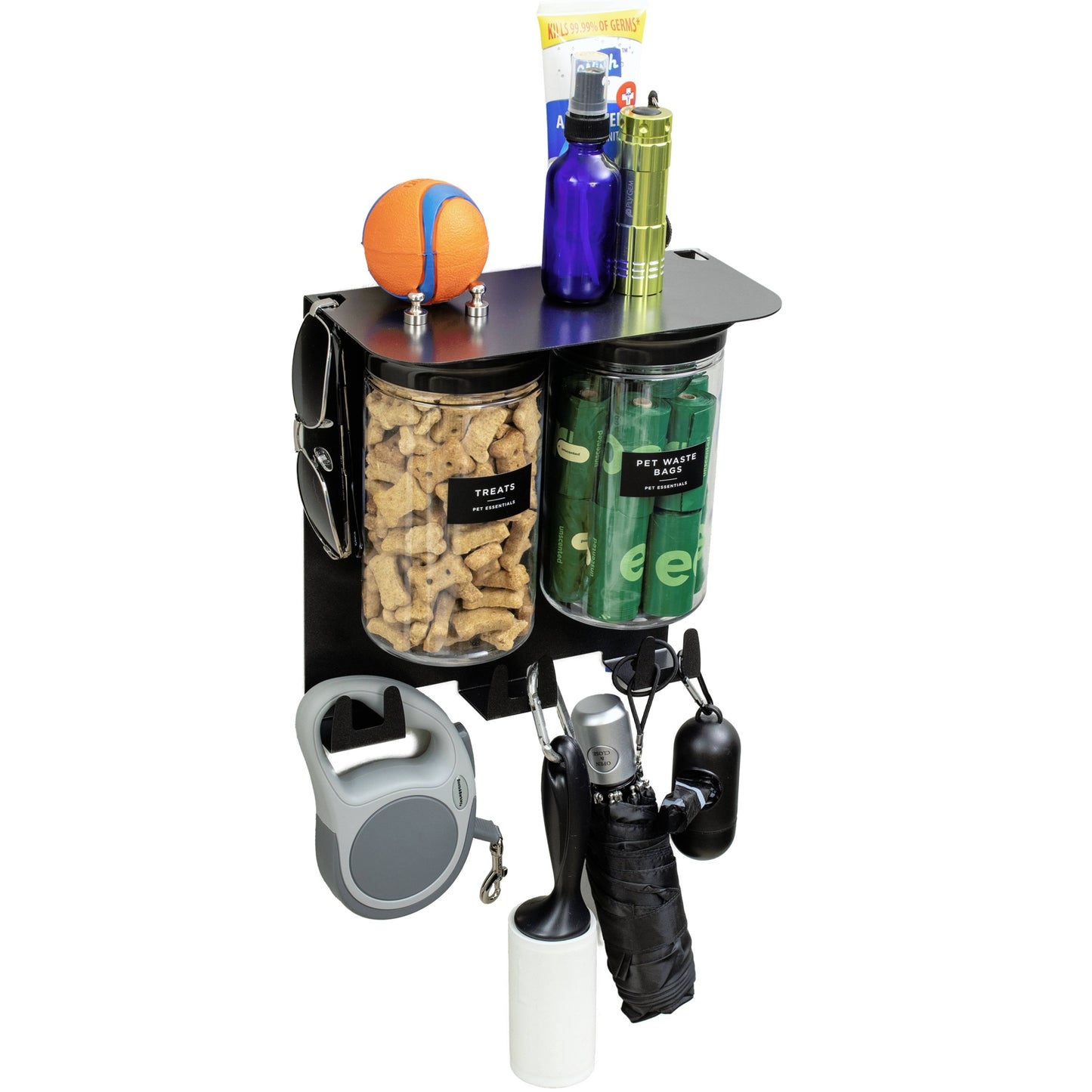 Dog Leash Holder for Wall with 9-inch shelf, modern black design, includes 2 airtight 32oz jars and multiple hooks for pet gear organization.