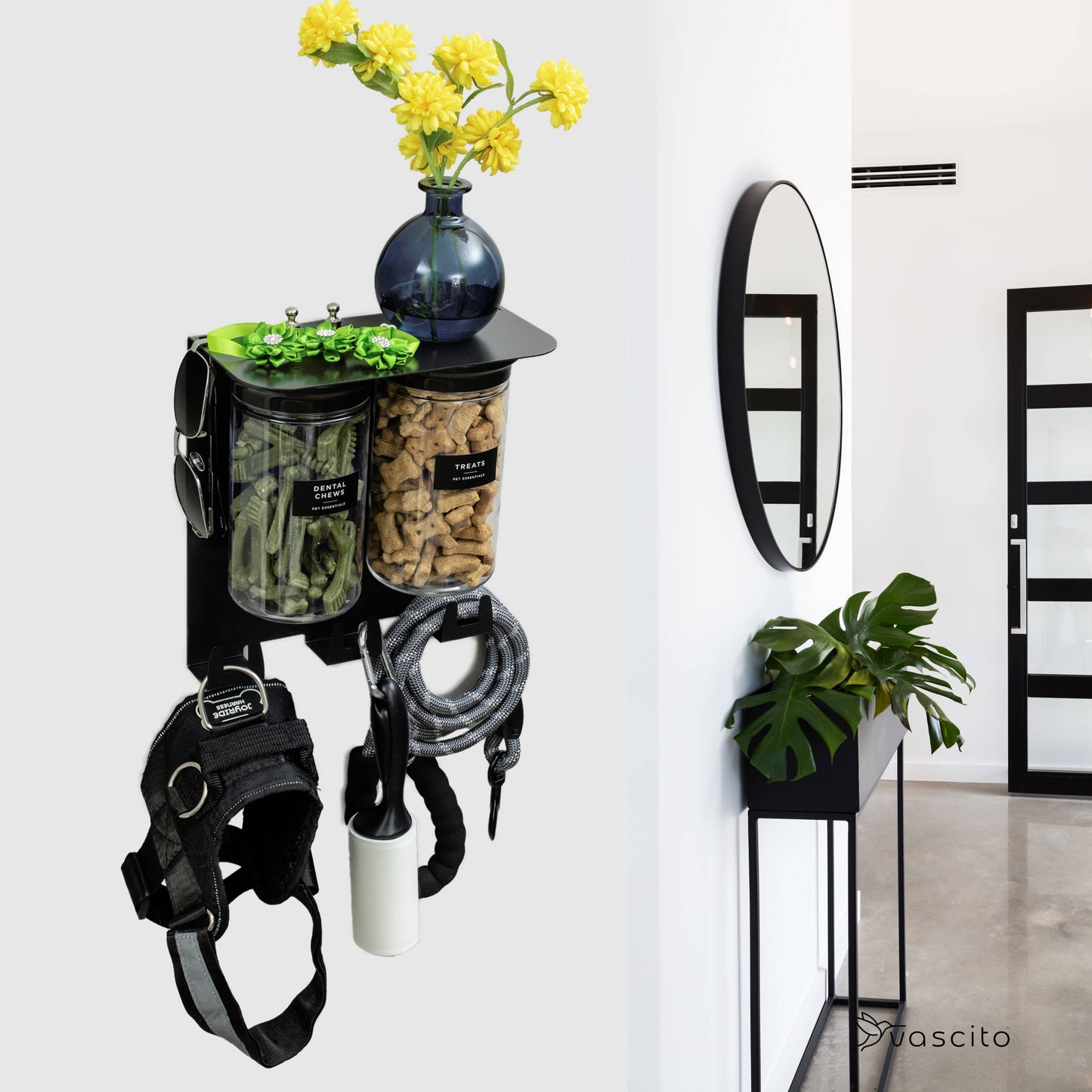 Wall-mounted dog leash holder with jars and hooks, styled in a modern entryway with flowers and pet accessories neatly organized.