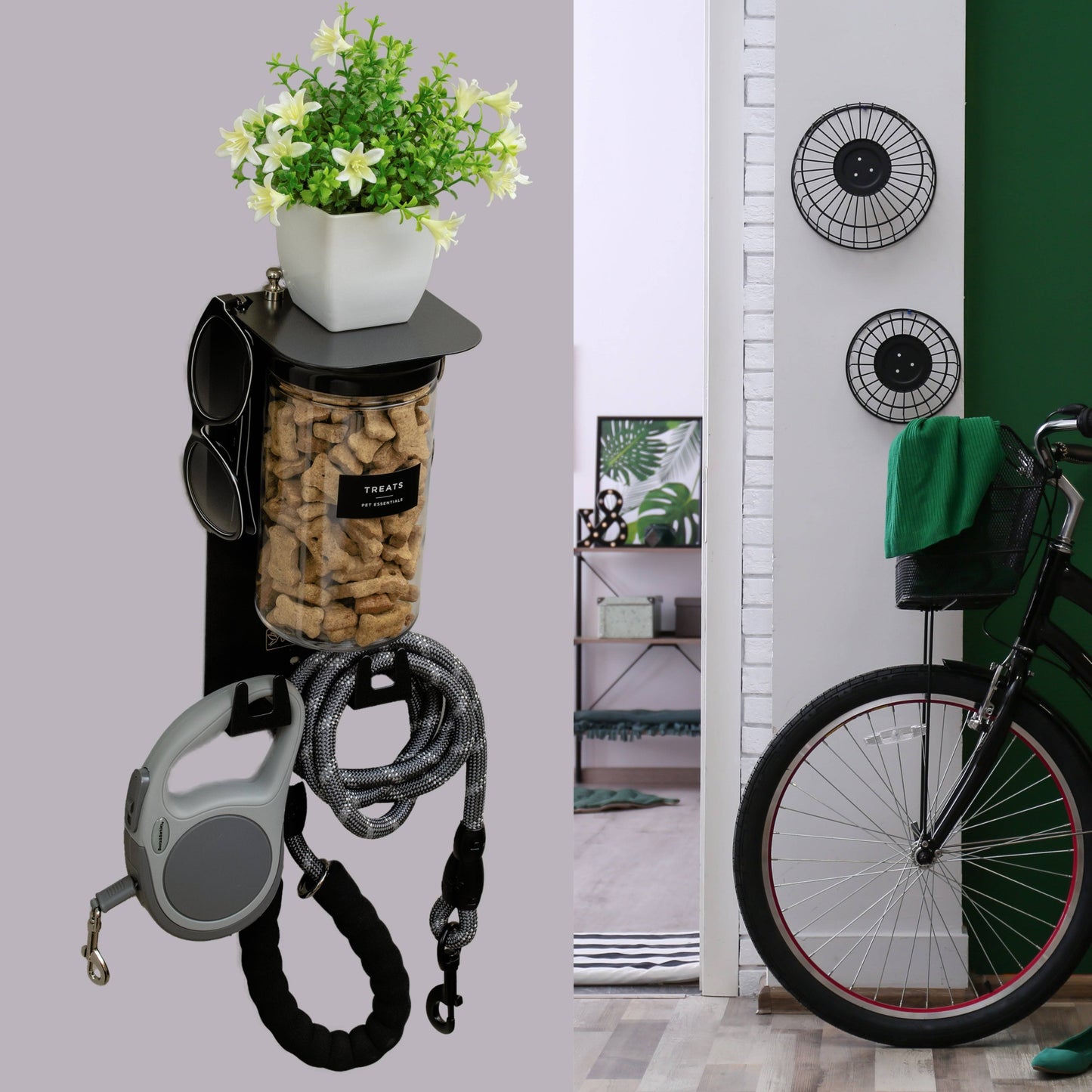Dog leash holder with airtight treat jar, leash hooks, and shelf, mounted near a bike in a stylish entryway for organized pet storage.