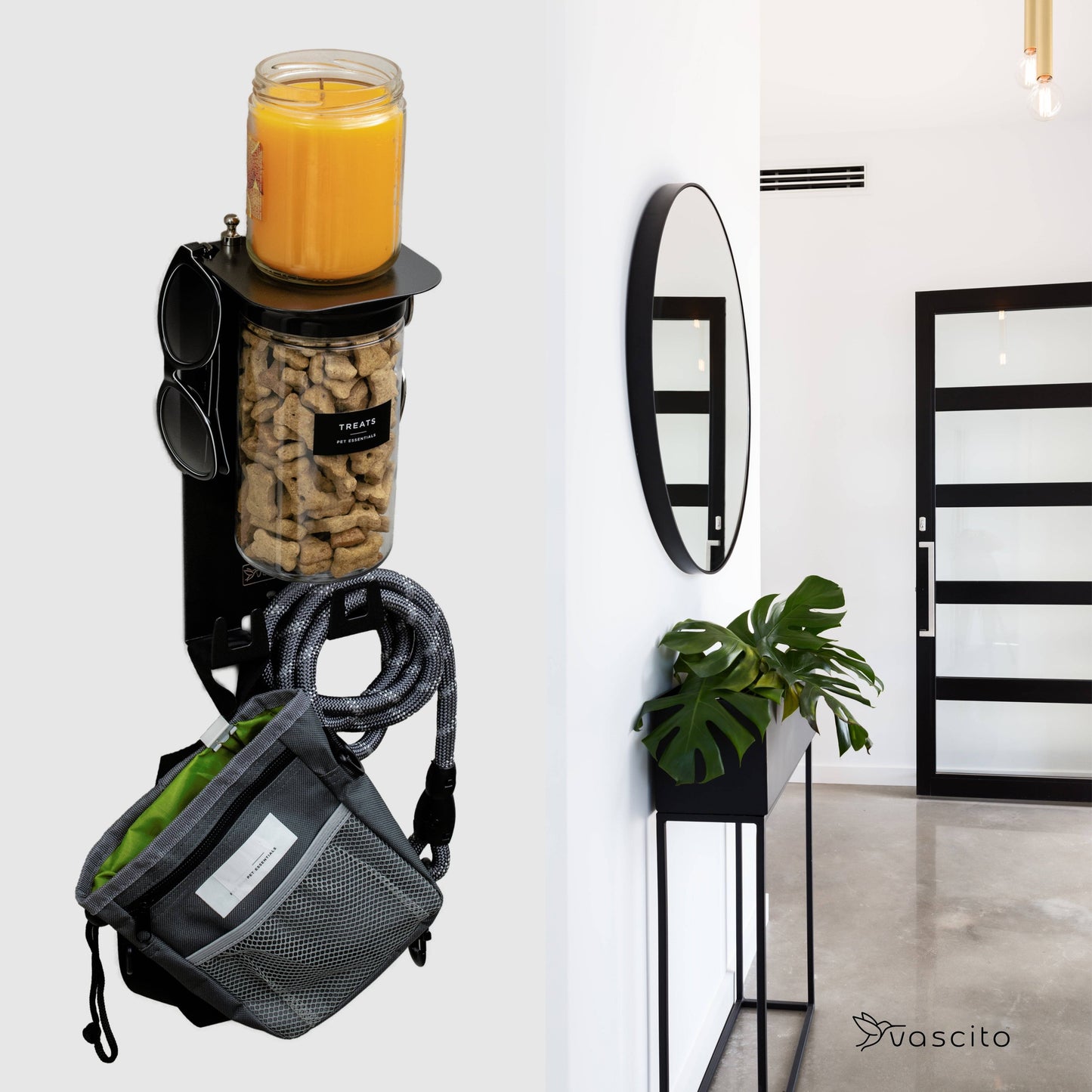 Modern black dog organizer shelf with treat jar and leash hooks, mounted in a minimalist hallway for stylish and functional pet storage.