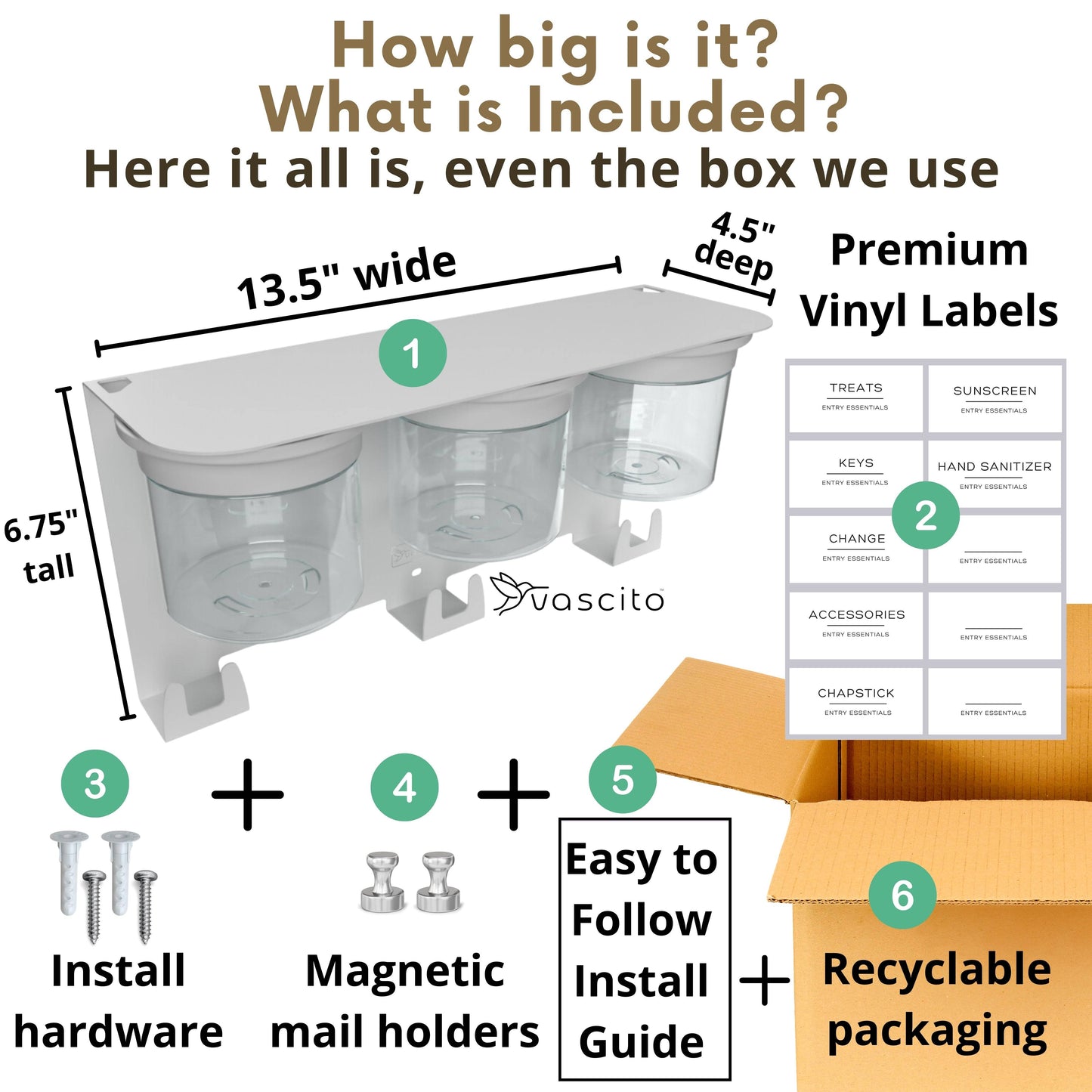 Mail and Key Organizer - Entryway Organizer with Key Hooks includes 3 jars, labels, screws, magnetic holders, and recyclable packaging.