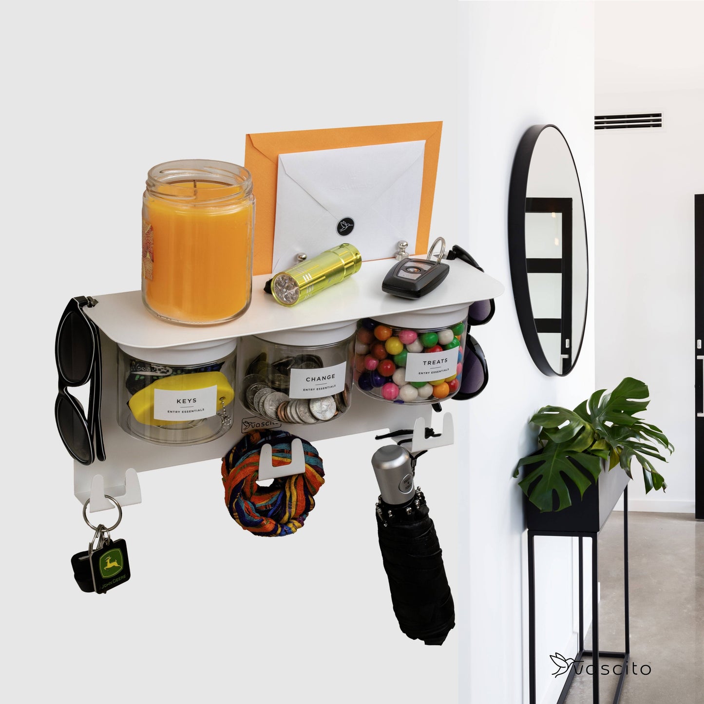 Mail and Key Organizer, Wall Mount with 13.5" Entryway Shelf and 3 Candy Storage Jars in Designer White