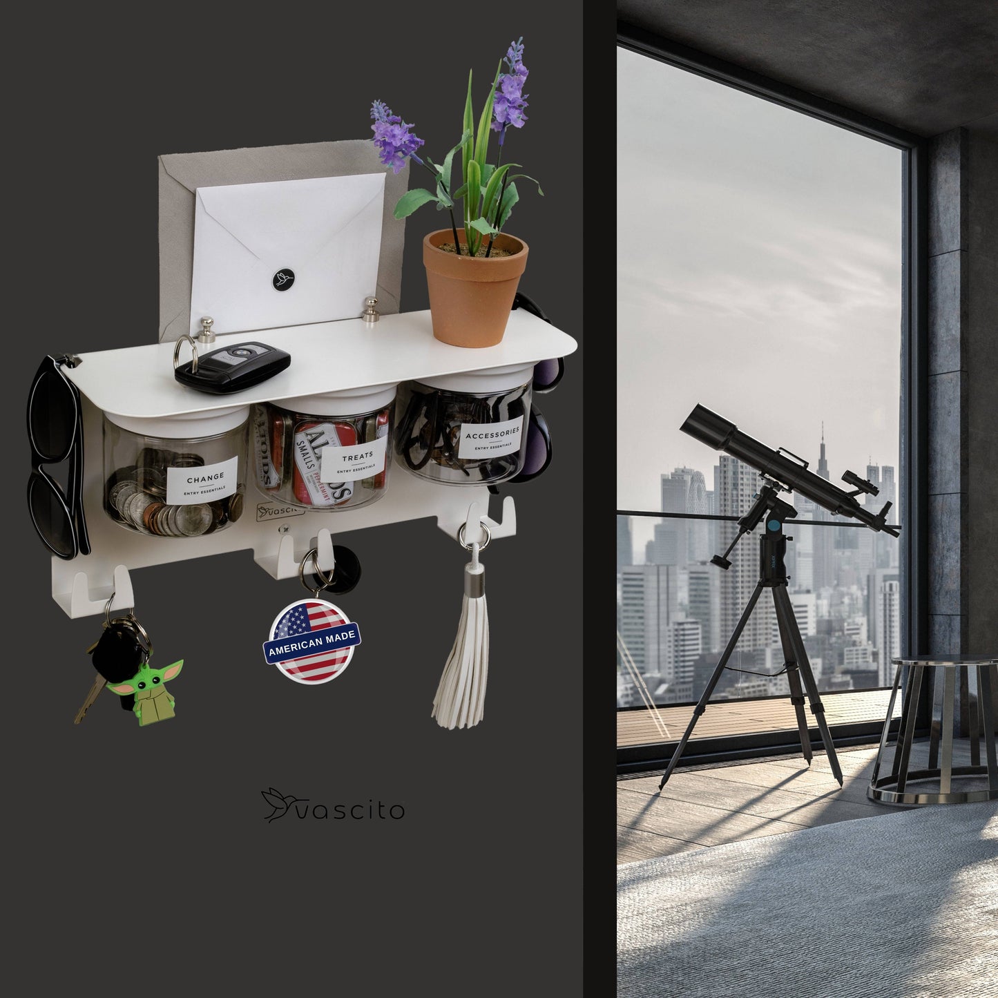 Designer white Mail and Key Organizer - Entryway Organizer with Key Hooks and labeled jars, styled in a luxury home office with telescope view.