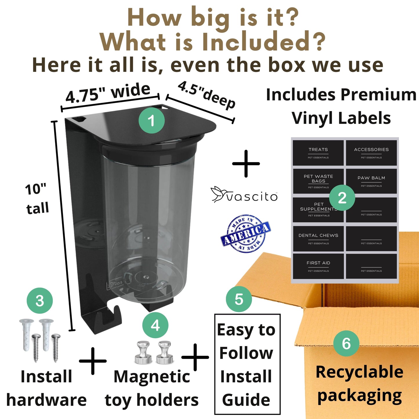 Dog leash holder dimensions and contents include 4.75” wide shelf, airtight treat jar, install hardware, magnetic holders, and vinyl labels.