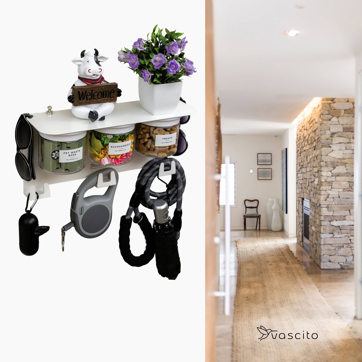 Dog Leash Holder Wall Organizer with treat jars and hooks, styled with a cow figurine and flowers, ideal for hallway pet gear storage.