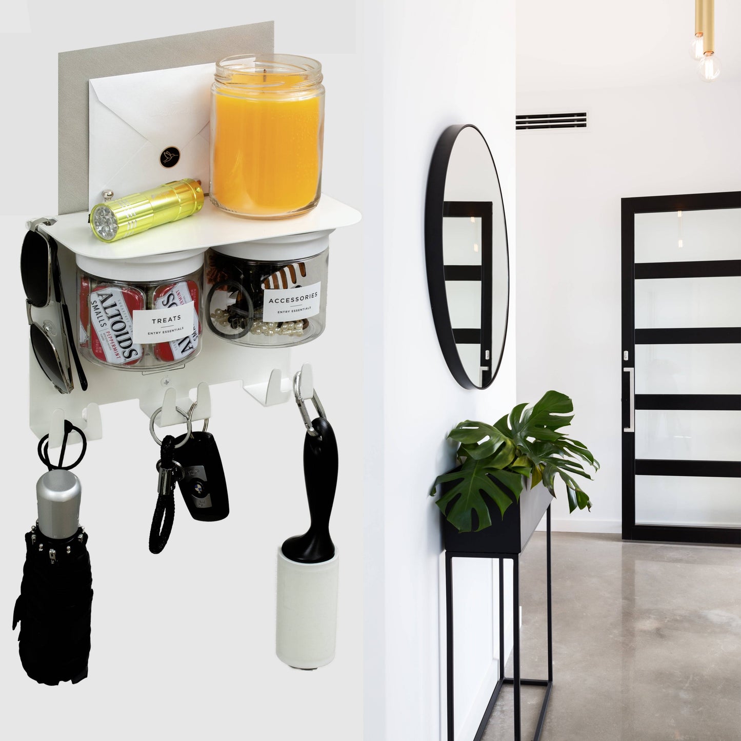 Wall Mounted Entryway Organizer with shelf and hooks, styled in a modern hallway, perfect for organizing keys, mail, and accessories.