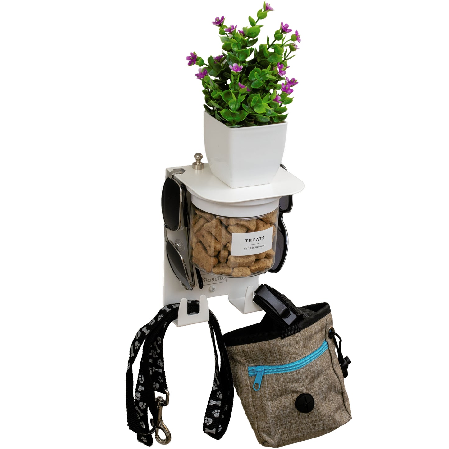 Dog Leash Holder Wall - Designer Shelf & Jar with hooks for leashes, sunglasses, and treat jar; topped with a potted plant for decor.