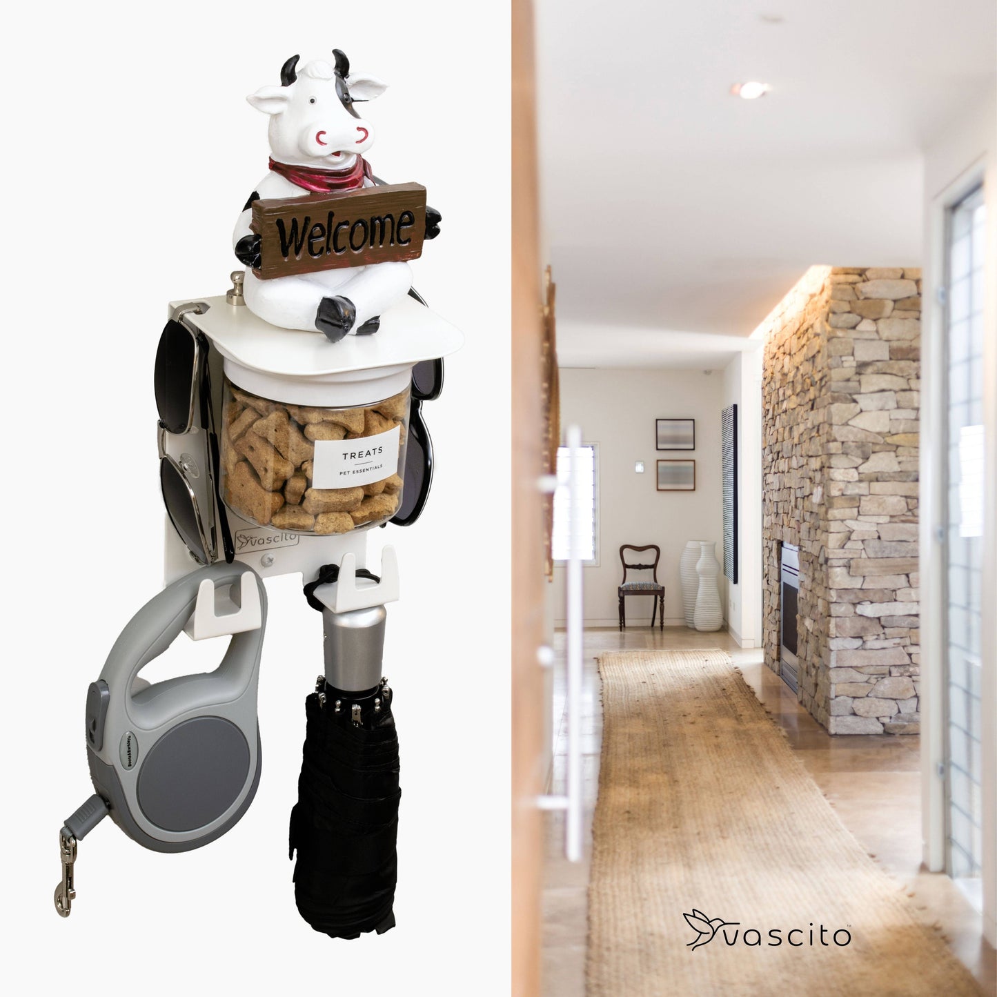 Dog Leash Holder Wall - Designer Shelf & Jar with welcome cow figurine, treat jar, and leash hooks; perfect for entryway pet organization.