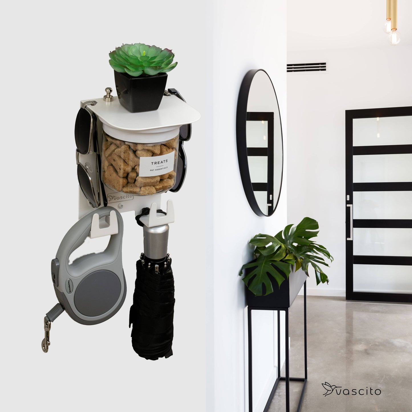 Modern Dog Leash Holder Wall - Designer Shelf & Jar with treat jar, hooks, and decorative plant; sleek design for contemporary homes.