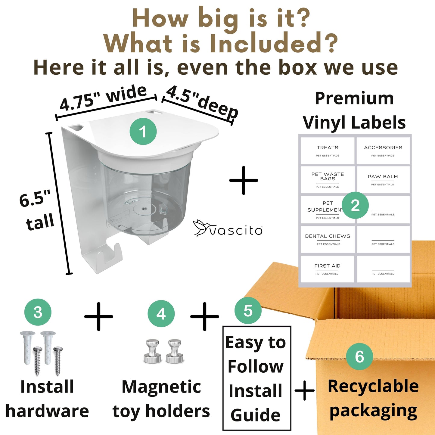 Dog Leash Holder Wall - Designer Shelf & Jar dimensions and included items like install hardware, magnetic holders, and vinyl labels.