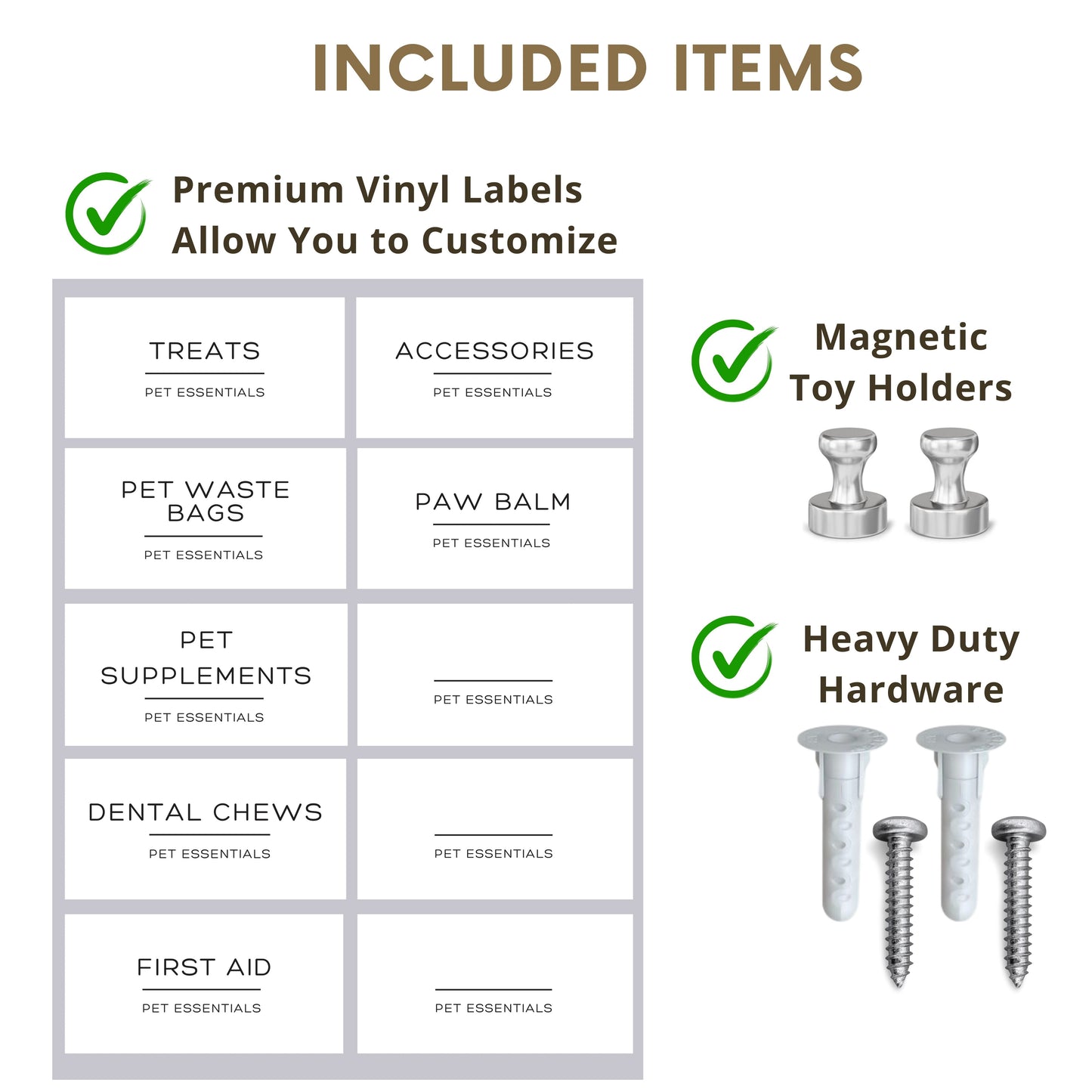 Included items for Dog Leash Holder Wall - Designer Shelf & Jar: customizable vinyl labels, magnetic holders, and heavy-duty hardware.