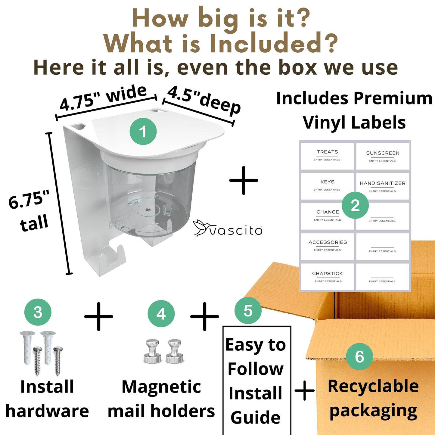 Dimensions and included items for Small Key Holder Wall Mount & Shelf, featuring install guide, screws, magnetic holders, and labels.