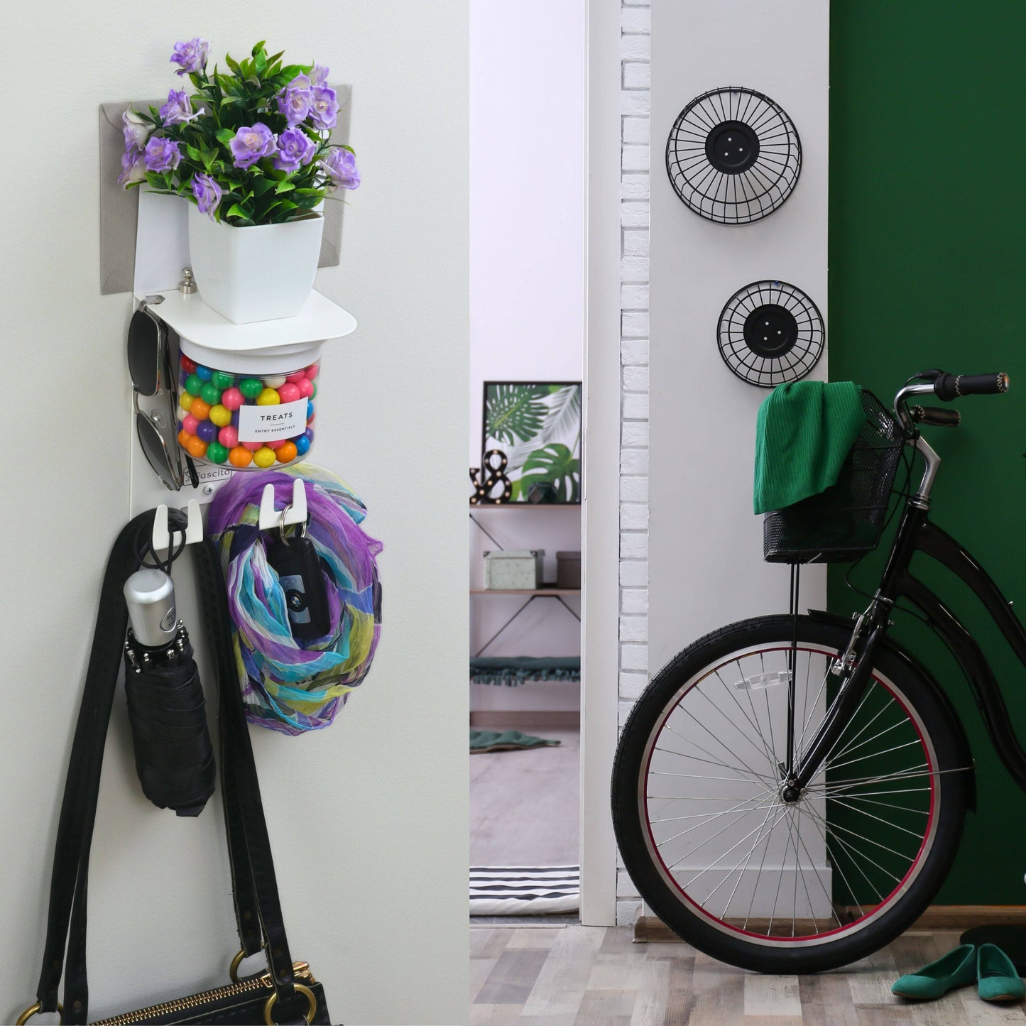 Small Key Holder Wall Mount & Shelf installed in hallway with bike, showing its use for organizing keys, bags, and accessories efficiently.